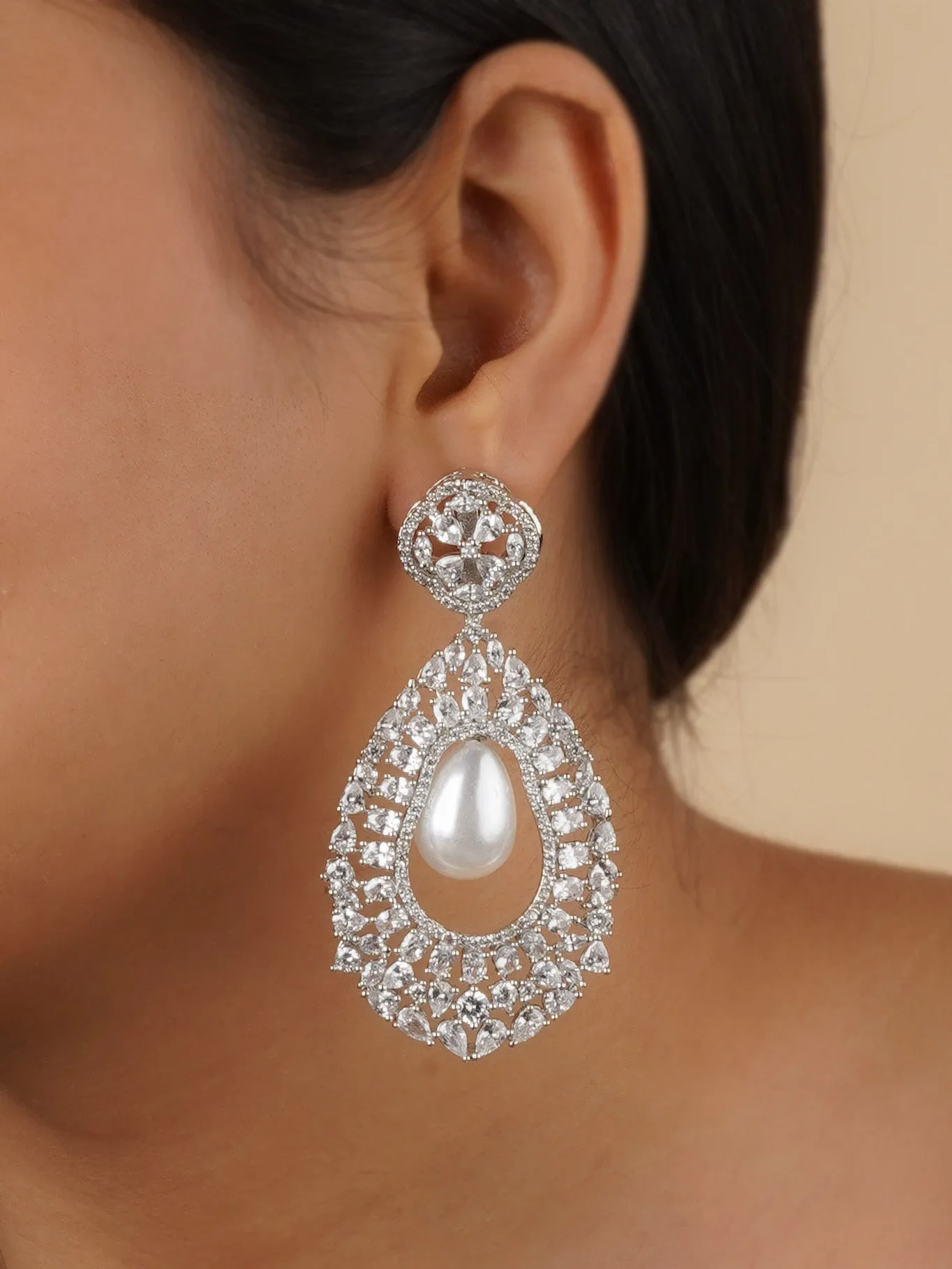 White Color Silver Plated Faux Diamond Earrings - CZEAR532