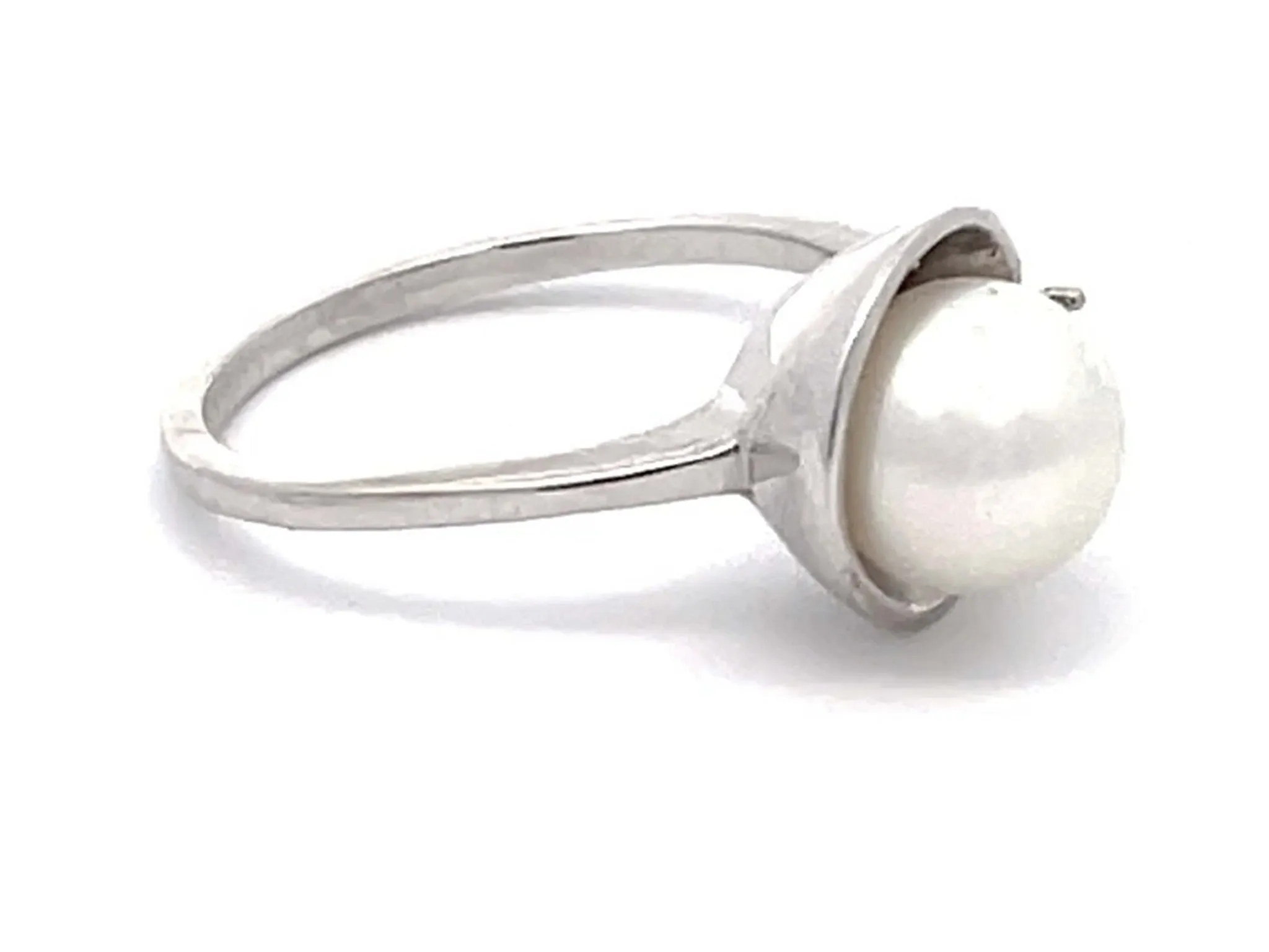 White Pearl and Diamond Ring in 14k White Gold
