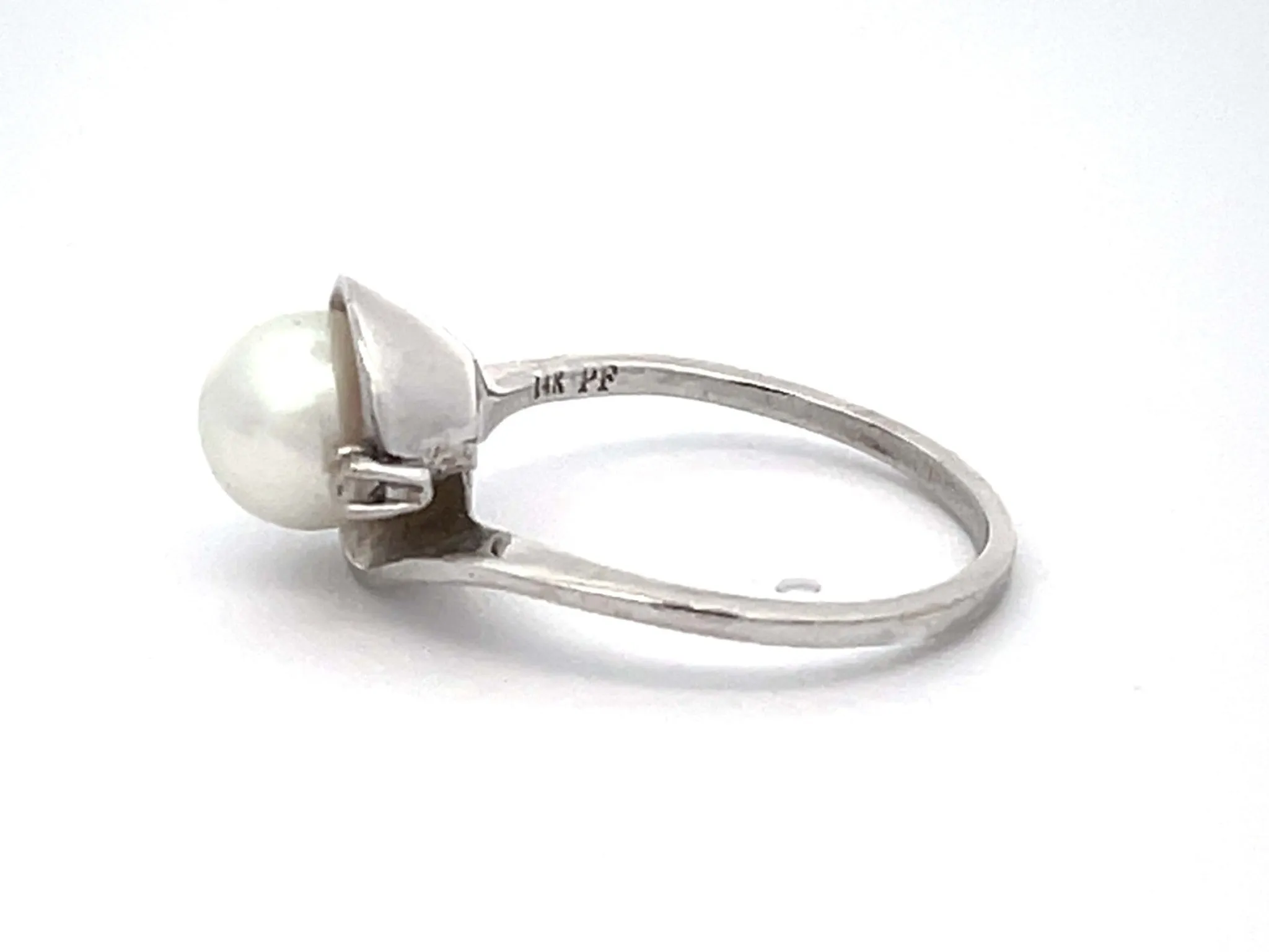 White Pearl and Diamond Ring in 14k White Gold