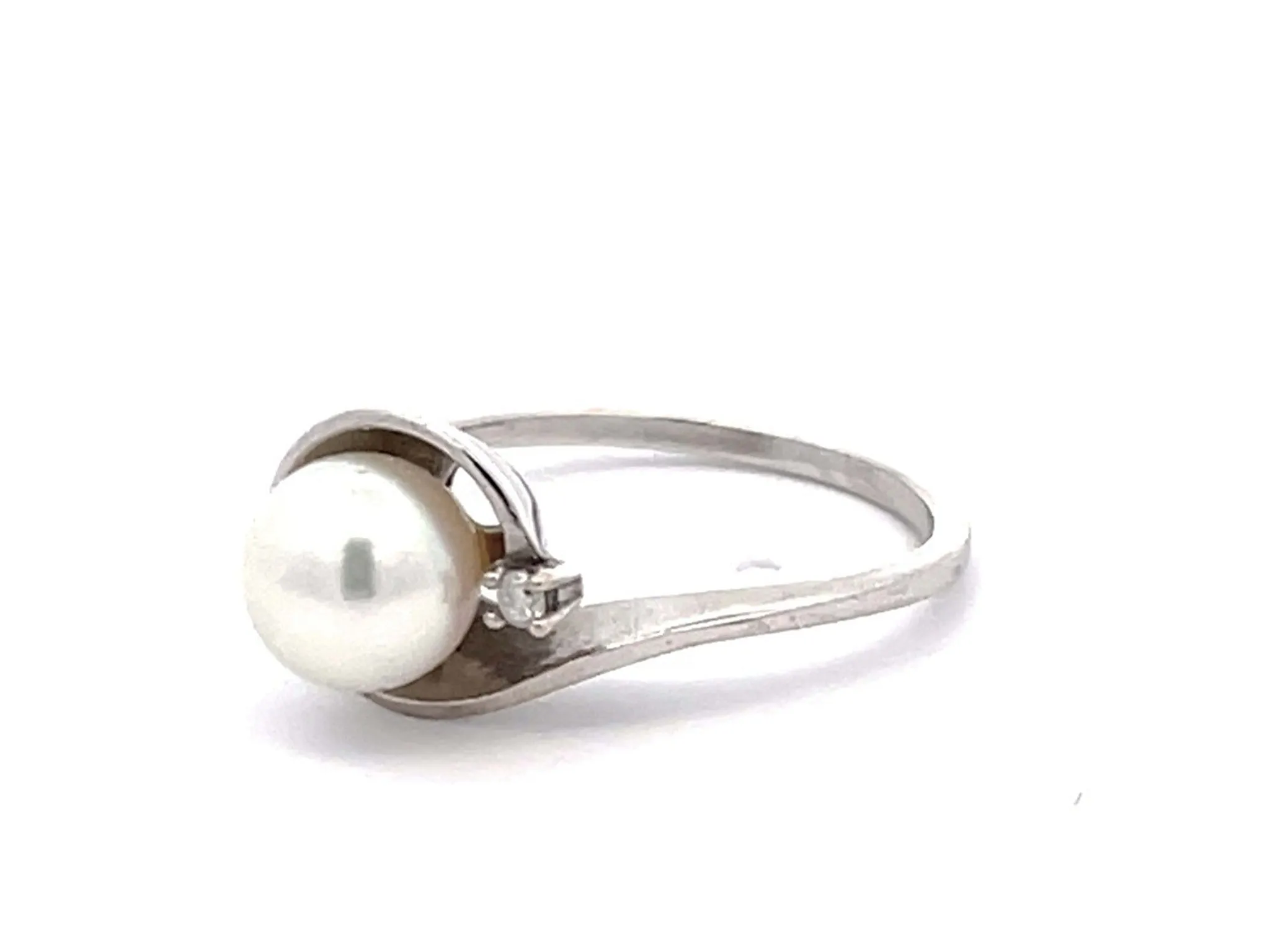 White Pearl and Diamond Ring in 14k White Gold