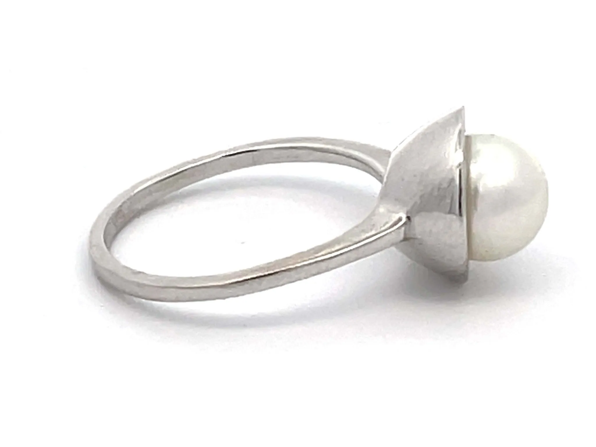 White Pearl and Diamond Ring in 14k White Gold