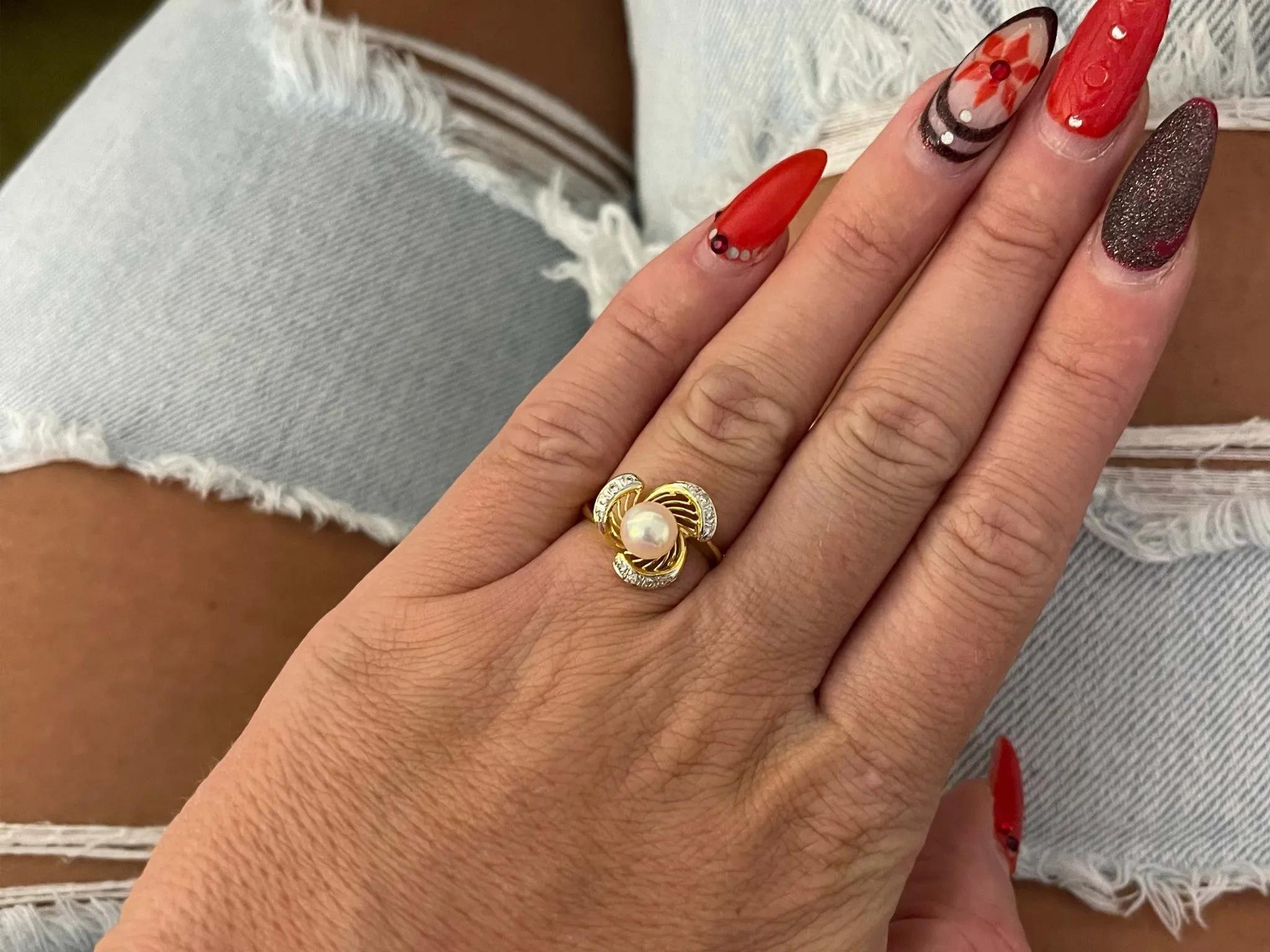 White Pearl and Diamond Ring in 14k White Gold