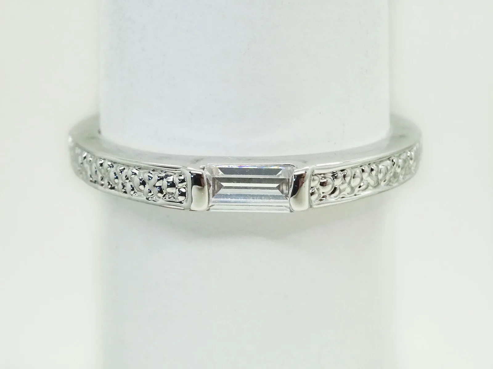 White Topaz Baguette Thin Stackable Band Ring Size 7.25 Rhodium Plated