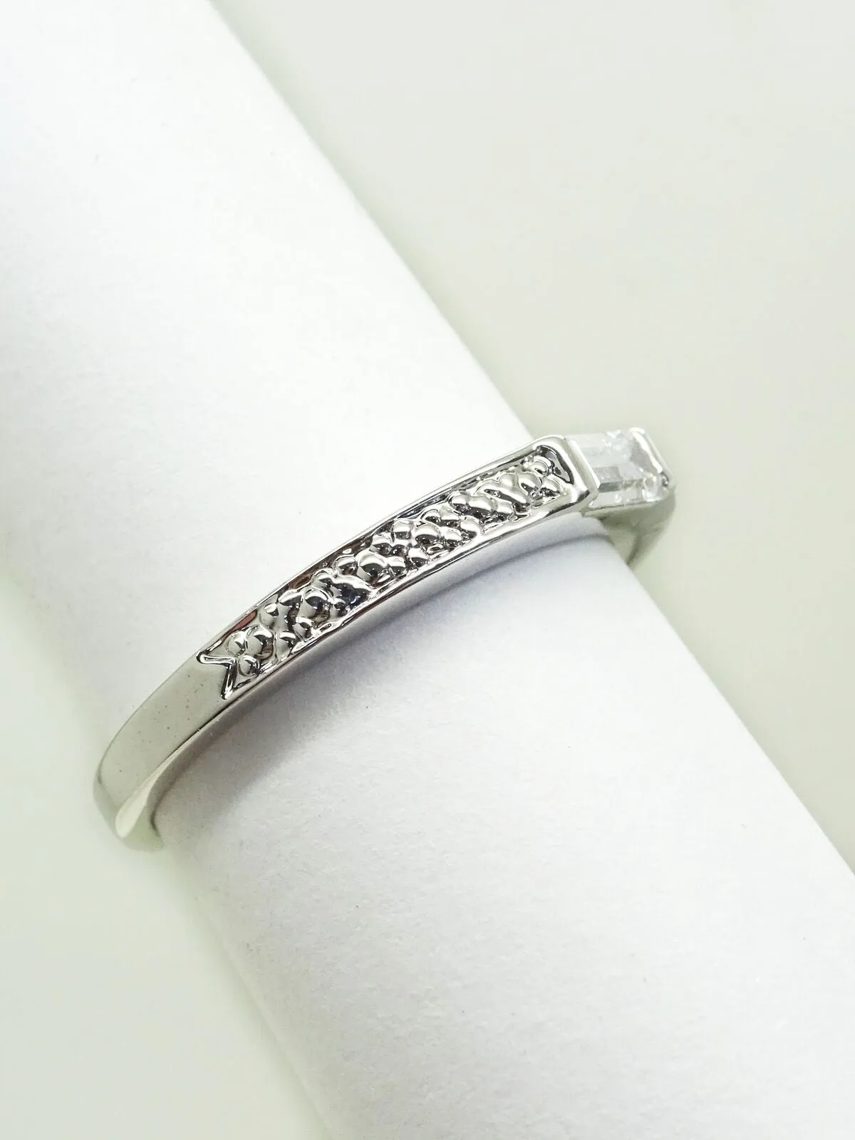 White Topaz Baguette Thin Stackable Band Ring Size 7.25 Rhodium Plated