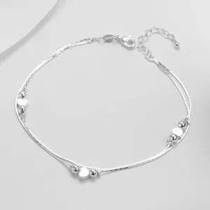 Women's Two Layers Polish Heart Bead Charm 925 stamped silver plated Anklet Leg Chain Summer Jewelry Ankle Bracelets Wholesales