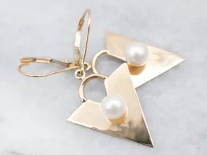 Yellow Gold Pearl V Drop Earrings